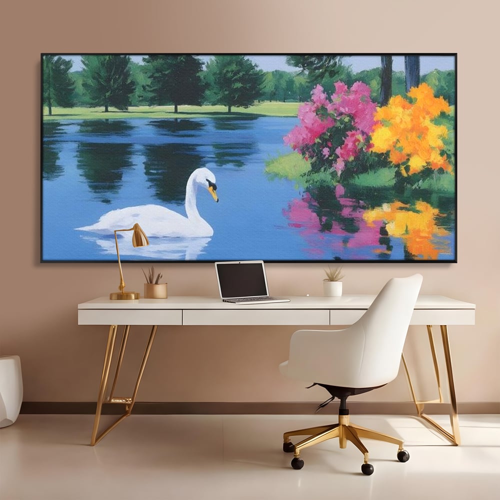 Tablou canvas cu pictura cu lebada pe lac si flori, in rama de aluminiu negru, pe perete intr-un birou